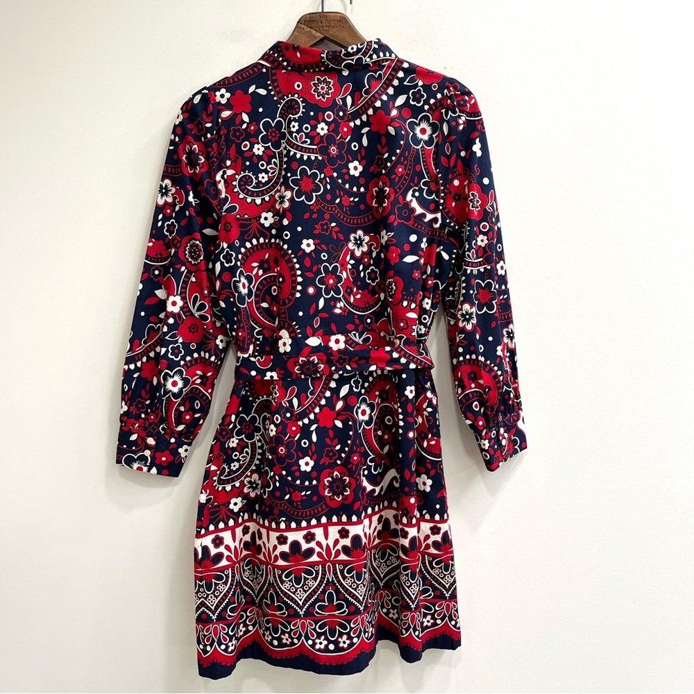 Talbots Picnic Paisley Poplin Shirtdress Navy Blue Red Belted Long Sleeve 16P - Picture 3 of 13
